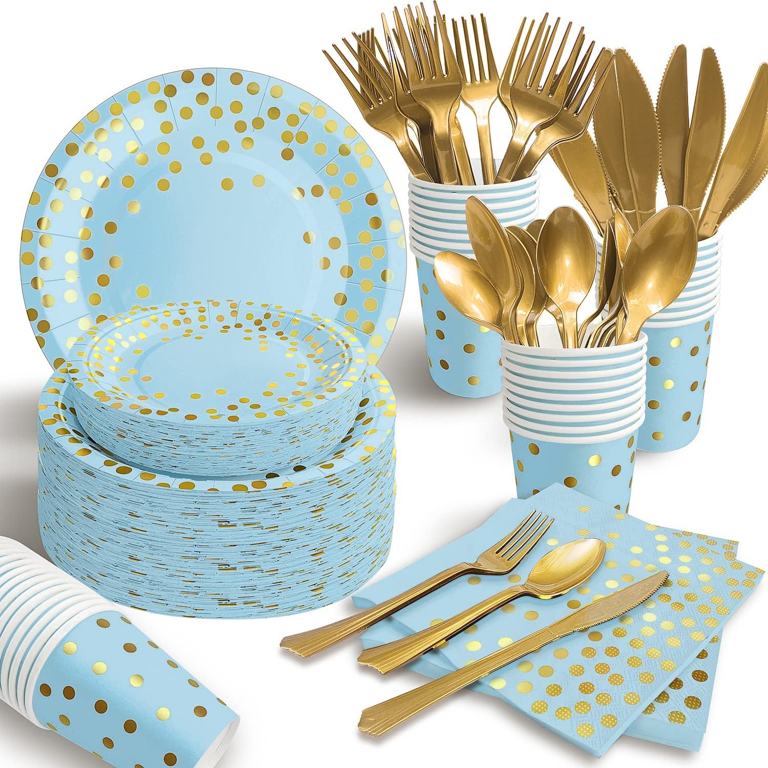 350PCS Blue and Gold Paper Plates for 50 Guests Party Decor