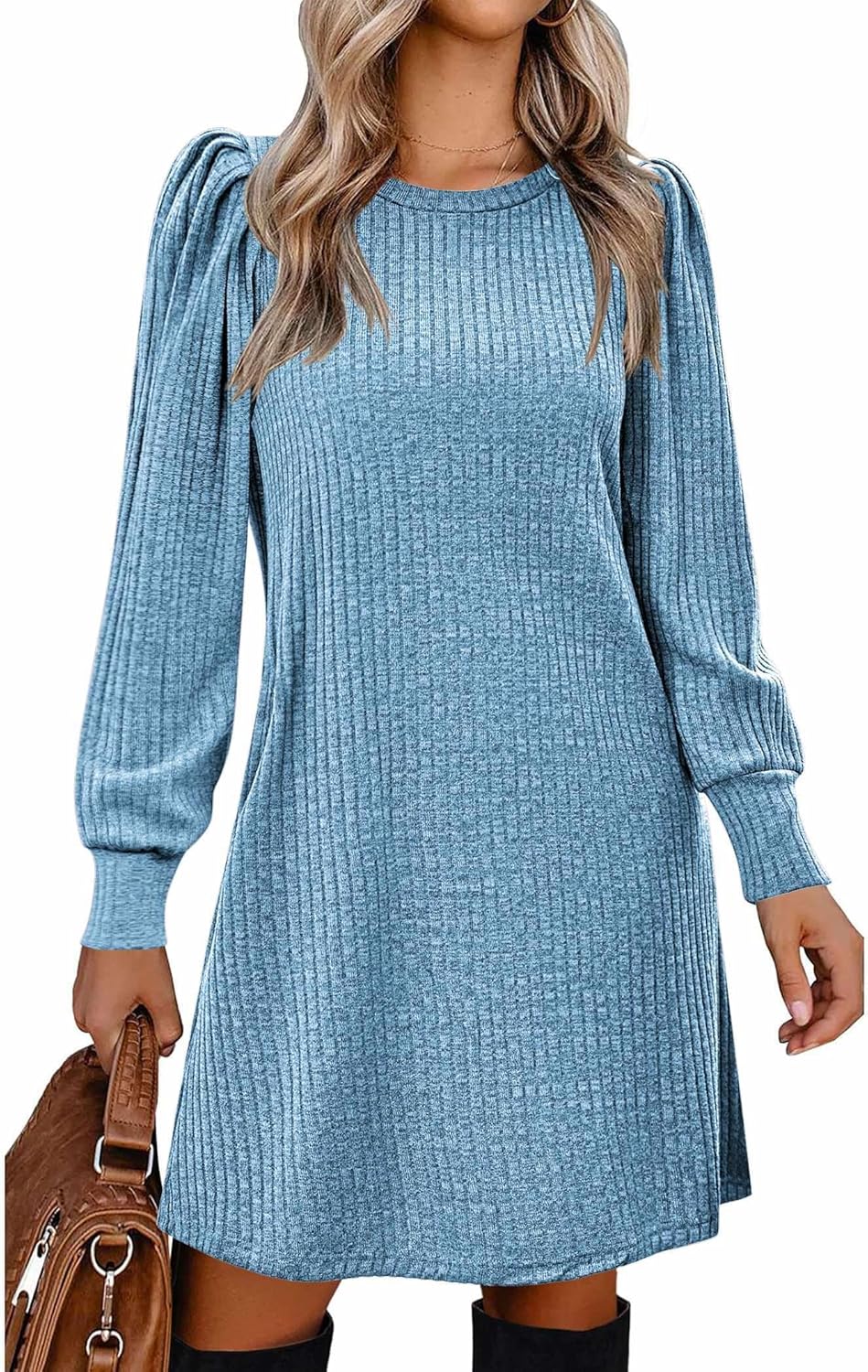 Zeagoo Women's Knit Dress with Puff Sleeves for Fall Fashion
