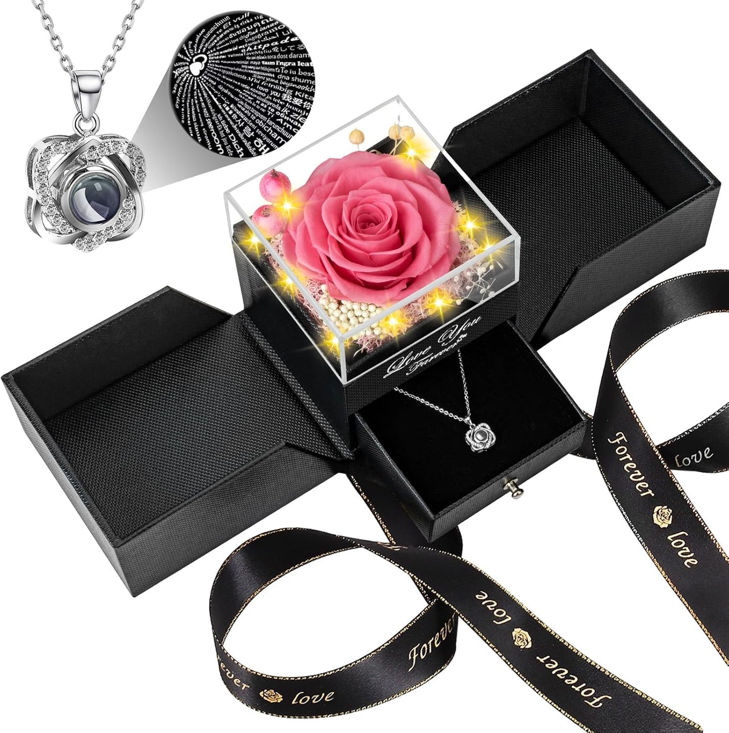 Preserved Pink Real Rose with Heart I Love You Necklace Gift