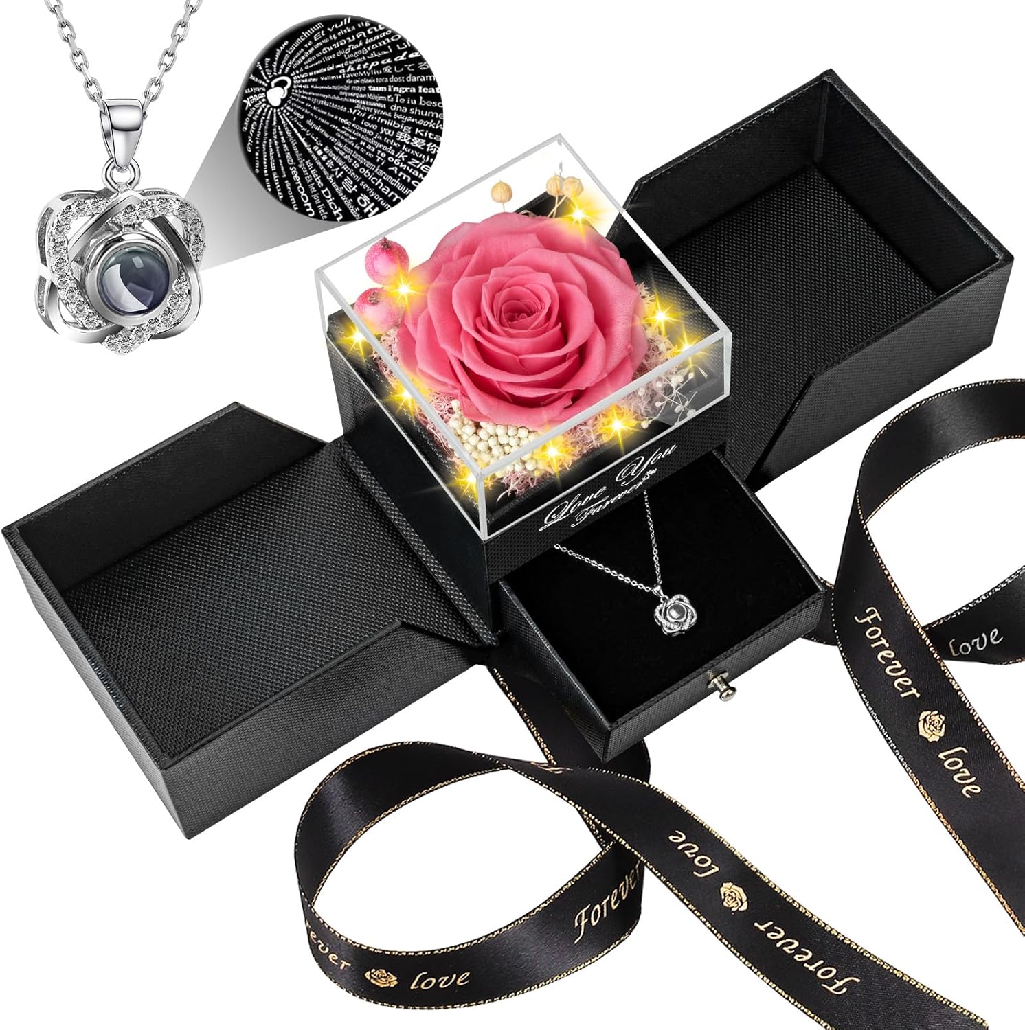 Preserved Pink Real Rose with Heart I Love You Necklace Gift