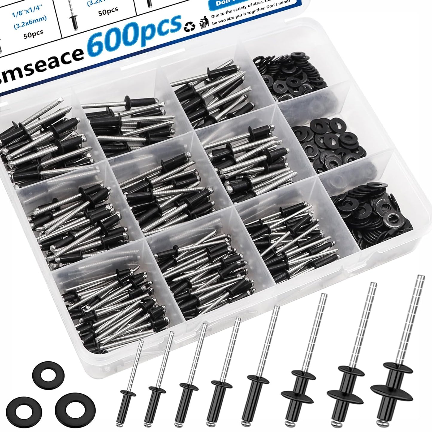600Pcs Stainless Steel Black Pop Rivets with Washers Kit