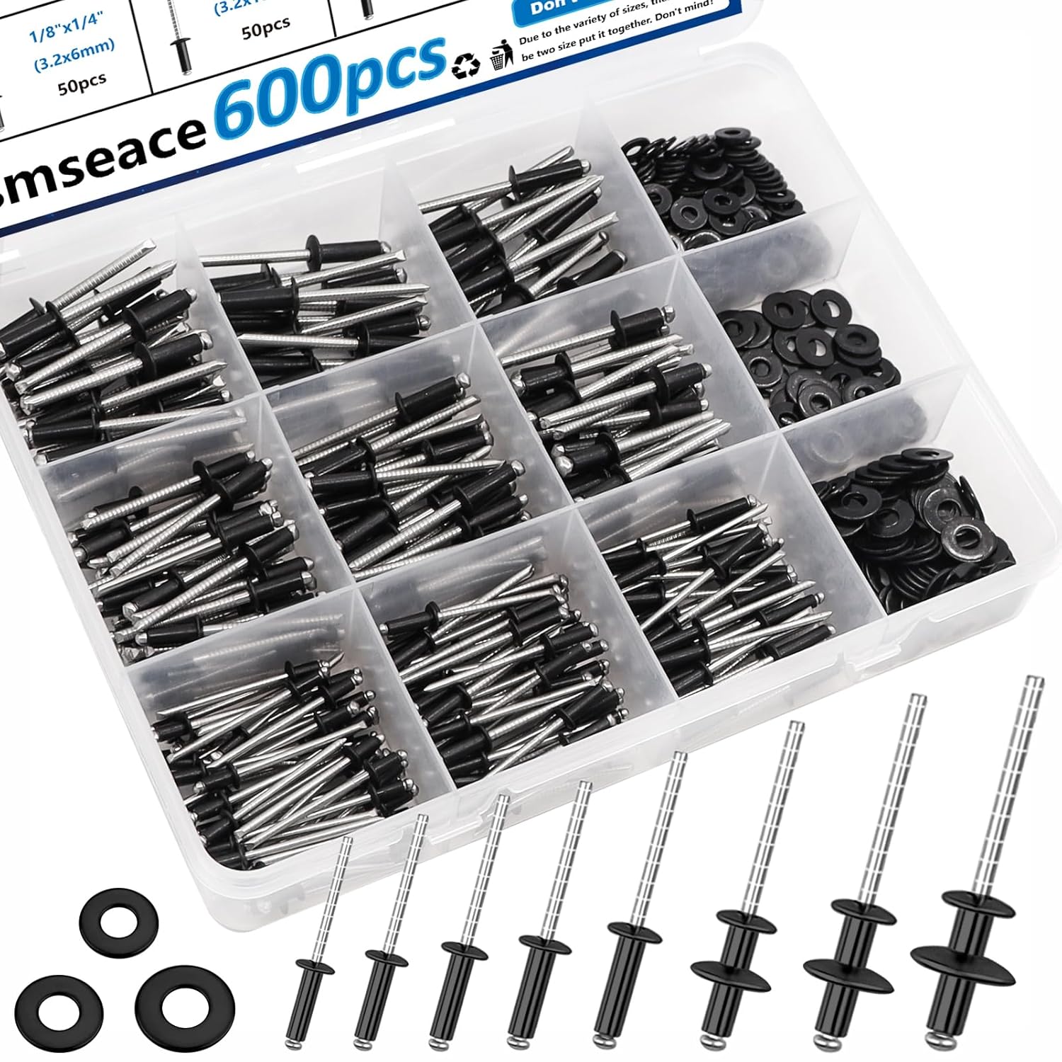 600Pcs Stainless Steel Black Pop Rivets with Washers Kit