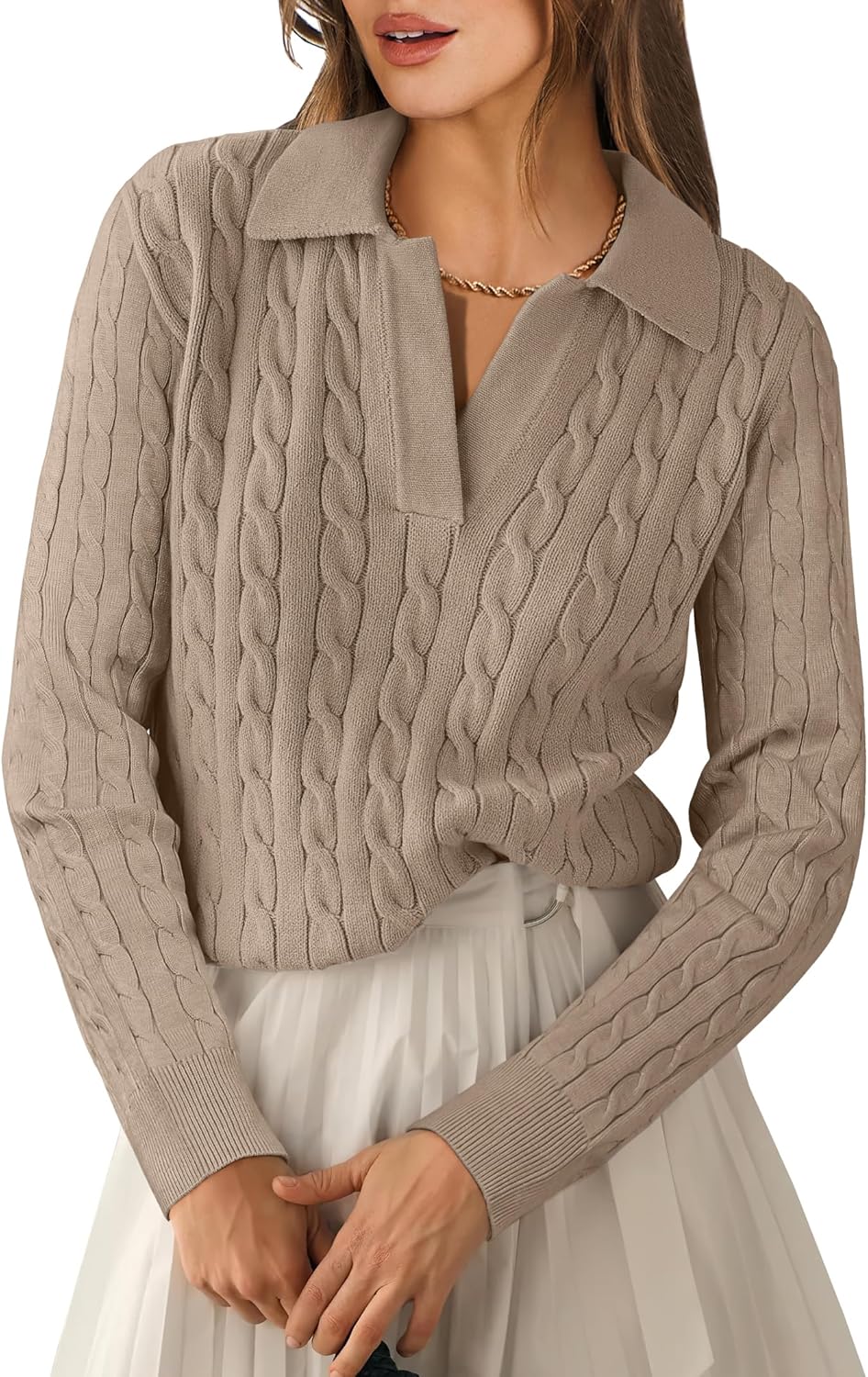 Womens Cable Knit Sweaters Long Sleeve V Neck Casual Tops