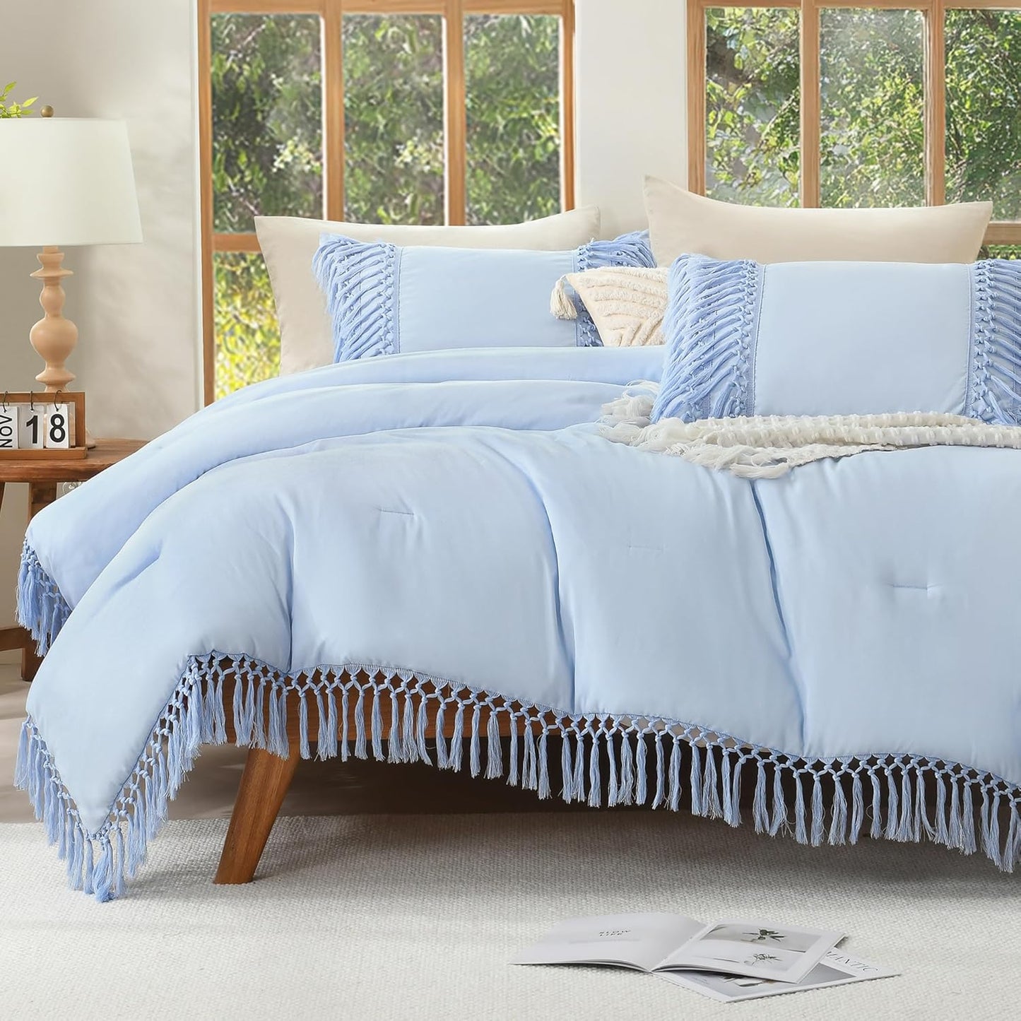 Andency Queen Comforter Set Light Blue with Boho Tassels