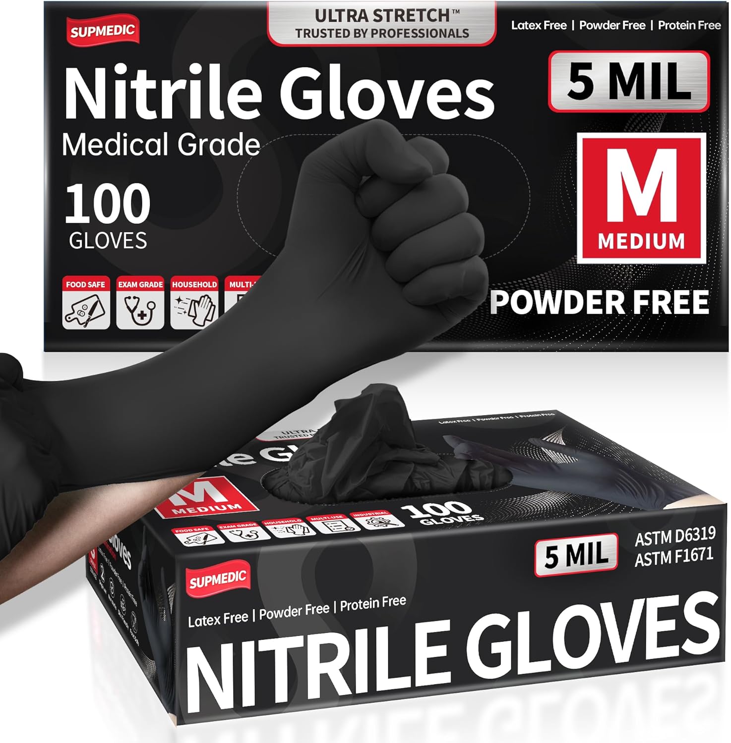 Supmedic 5 Mil Black Nitrile Gloves - 100pcs Medical Grade