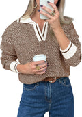 Womens Lapel V Neck Knit Sweater - Color Block Soft Pullover