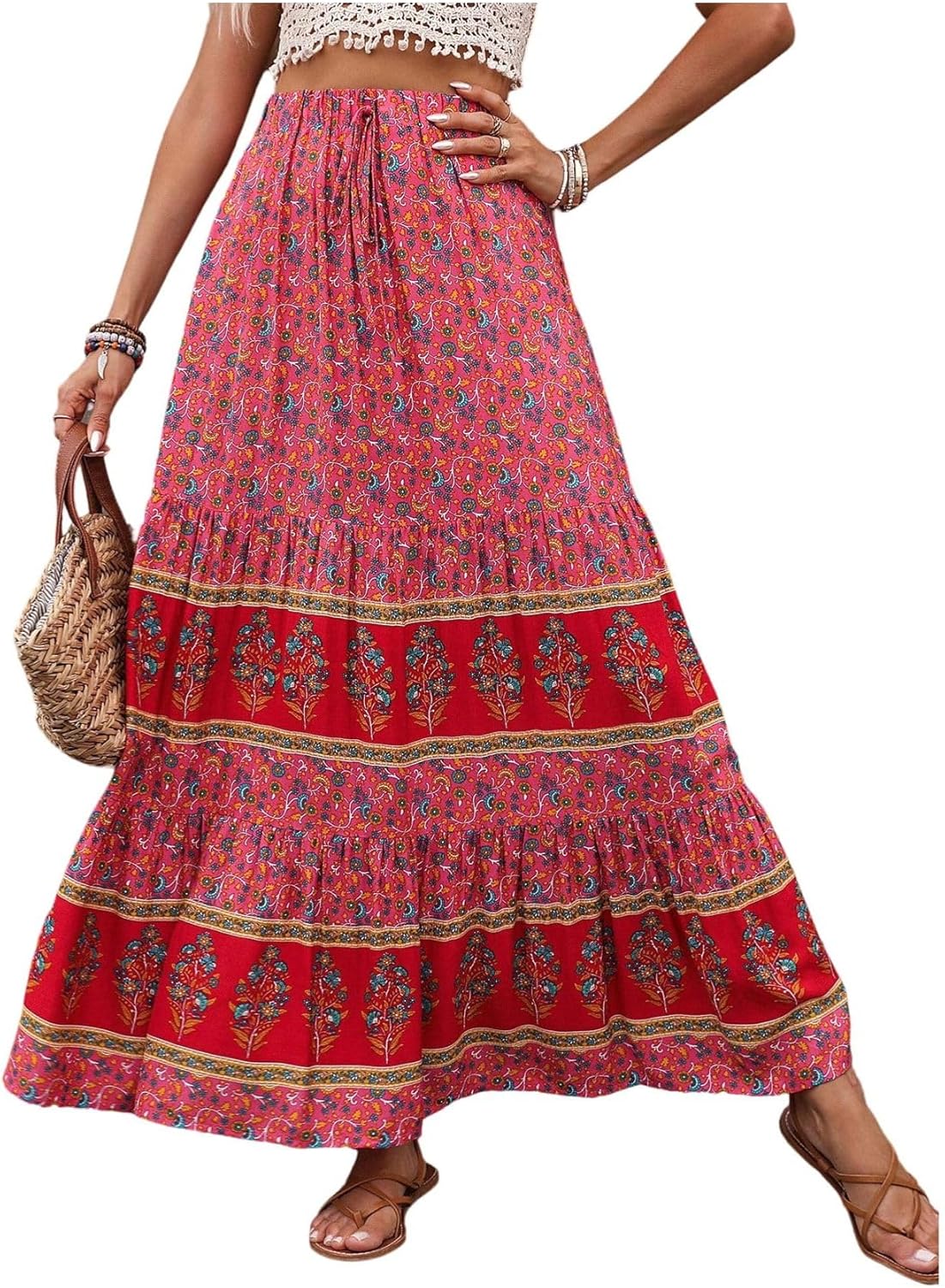 Verdusa Women's Boho Flared Ruffle Maxi Skirt for Summer Style