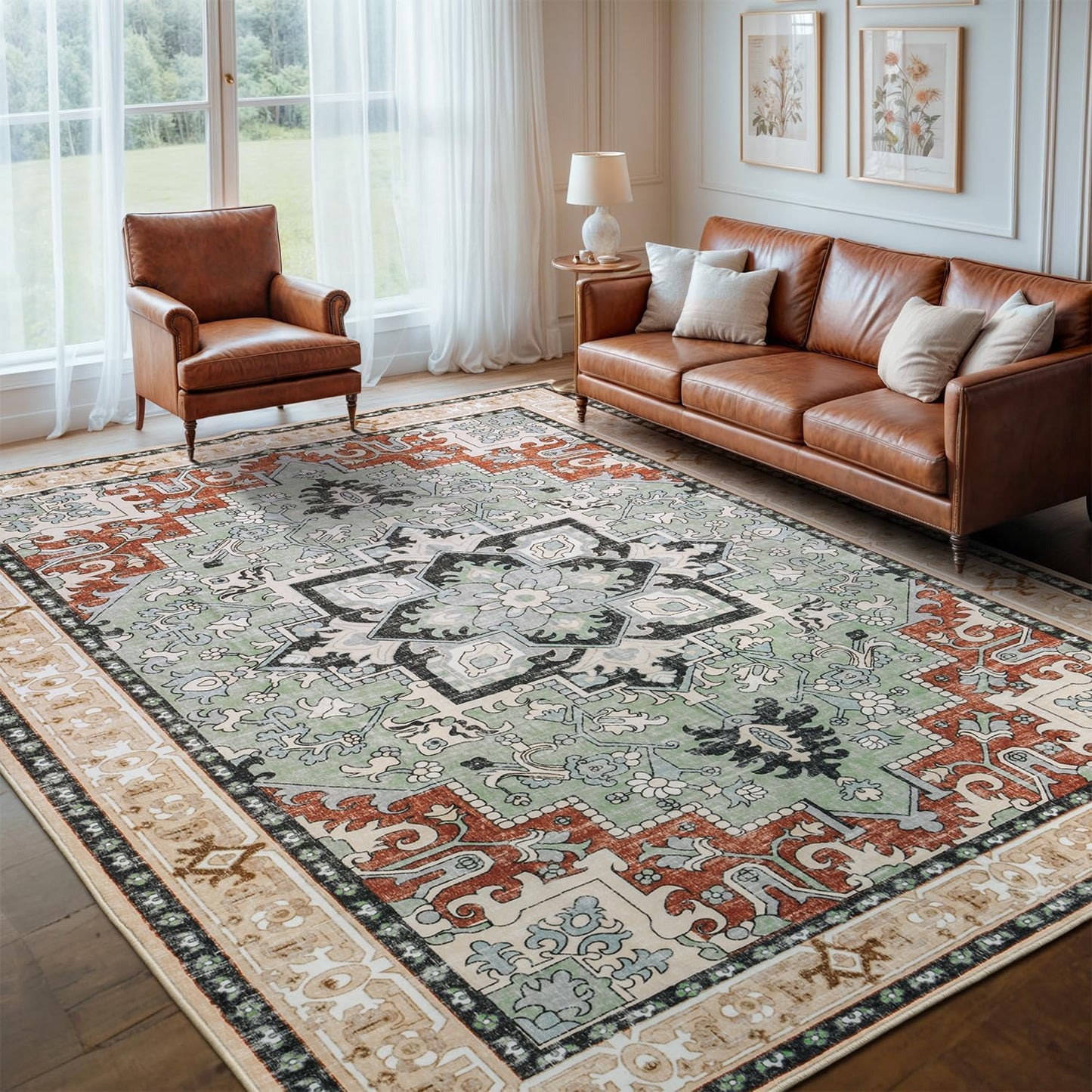 Floral Washable 8x10 Area Rugs for Living Room and Bedroom