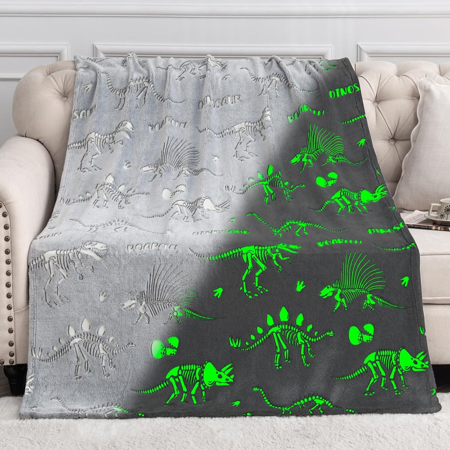 Dino Glow in The Dark Blanket - Fun Dinosaur Gift for Kids 2-11 Years Old by Jekeno
