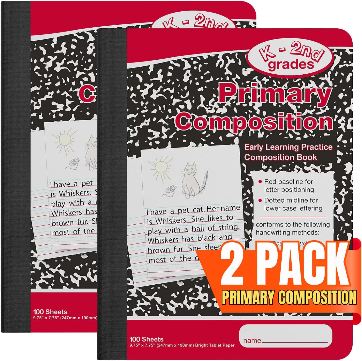 Primary Journal 2 Pack, Ideal for K-2, Red/Black Marble