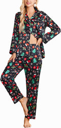 Ekouaer Women's Satin Button Down Long Pajama Set - Lightweight