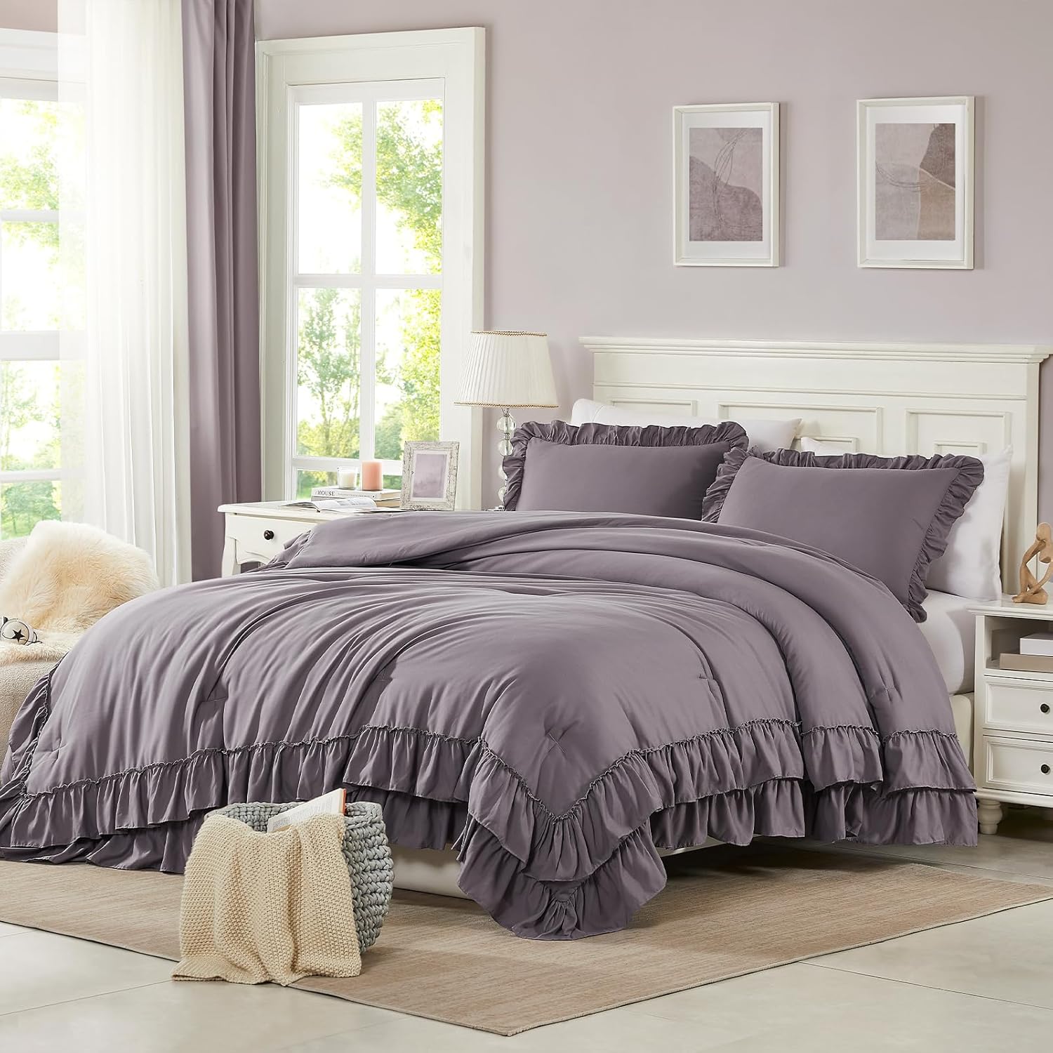 Cupocupa Purple Ruffle King Size Comforter Set for Cozy Sleep