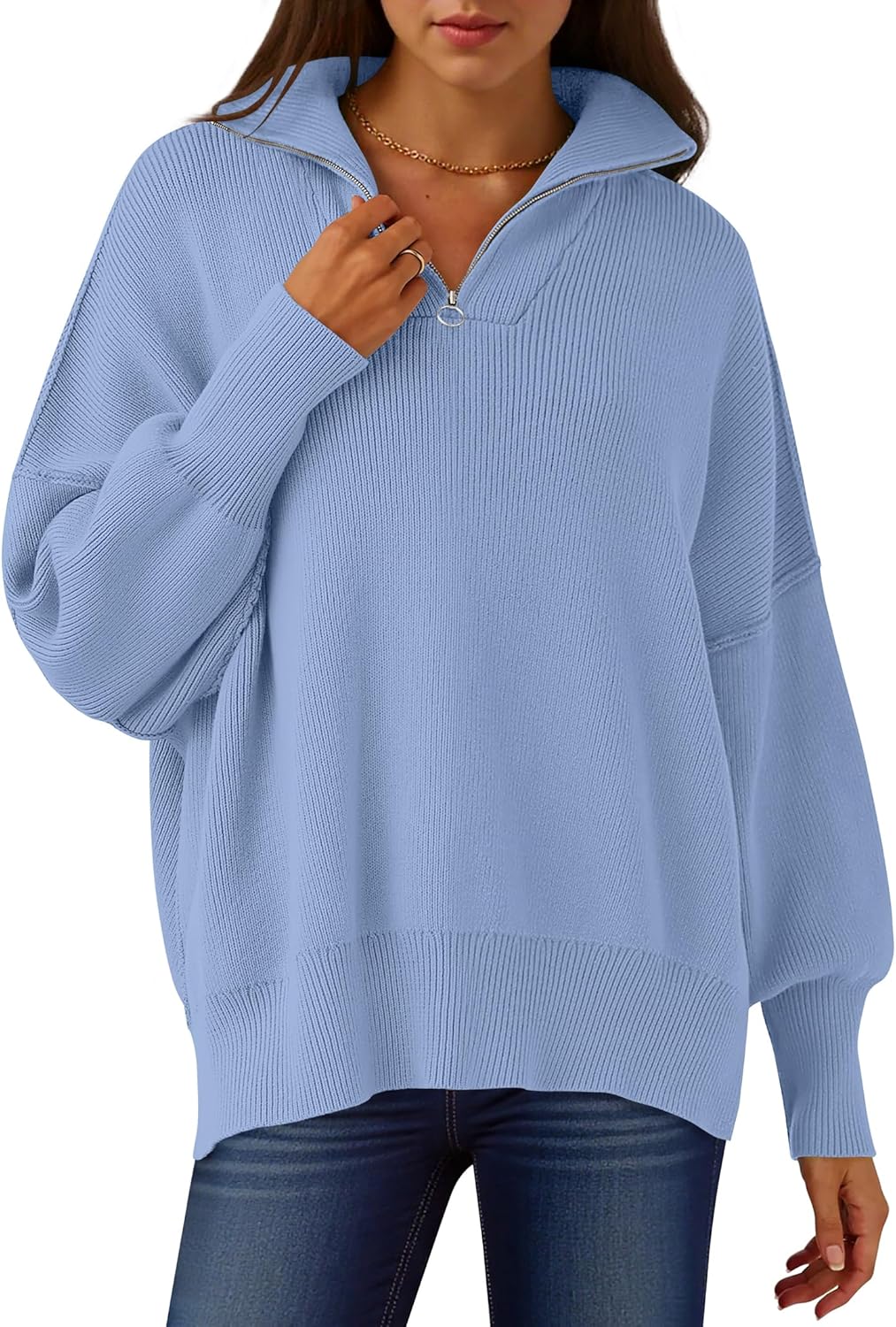 Oversized Fashion Long Sleeve Quarter Zip Sweater for Women