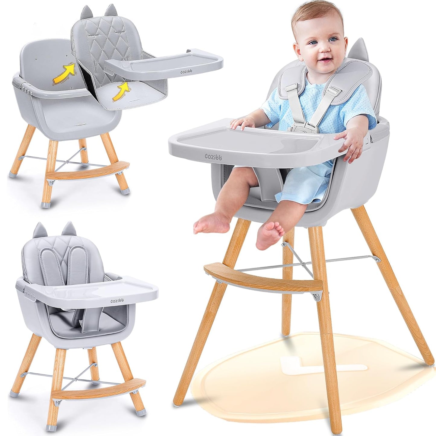 CoziBB 4-in-1 Convertible High Chair - Easy Clean, Modern Grey