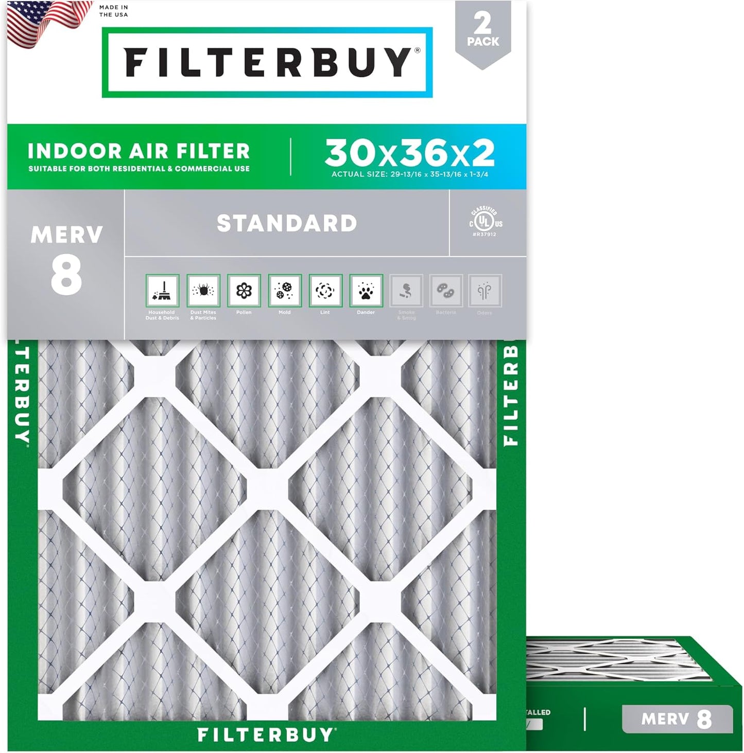 30x36x2 Air Filter MERV 8 for Dust & Allergy Defense - 2-Pack