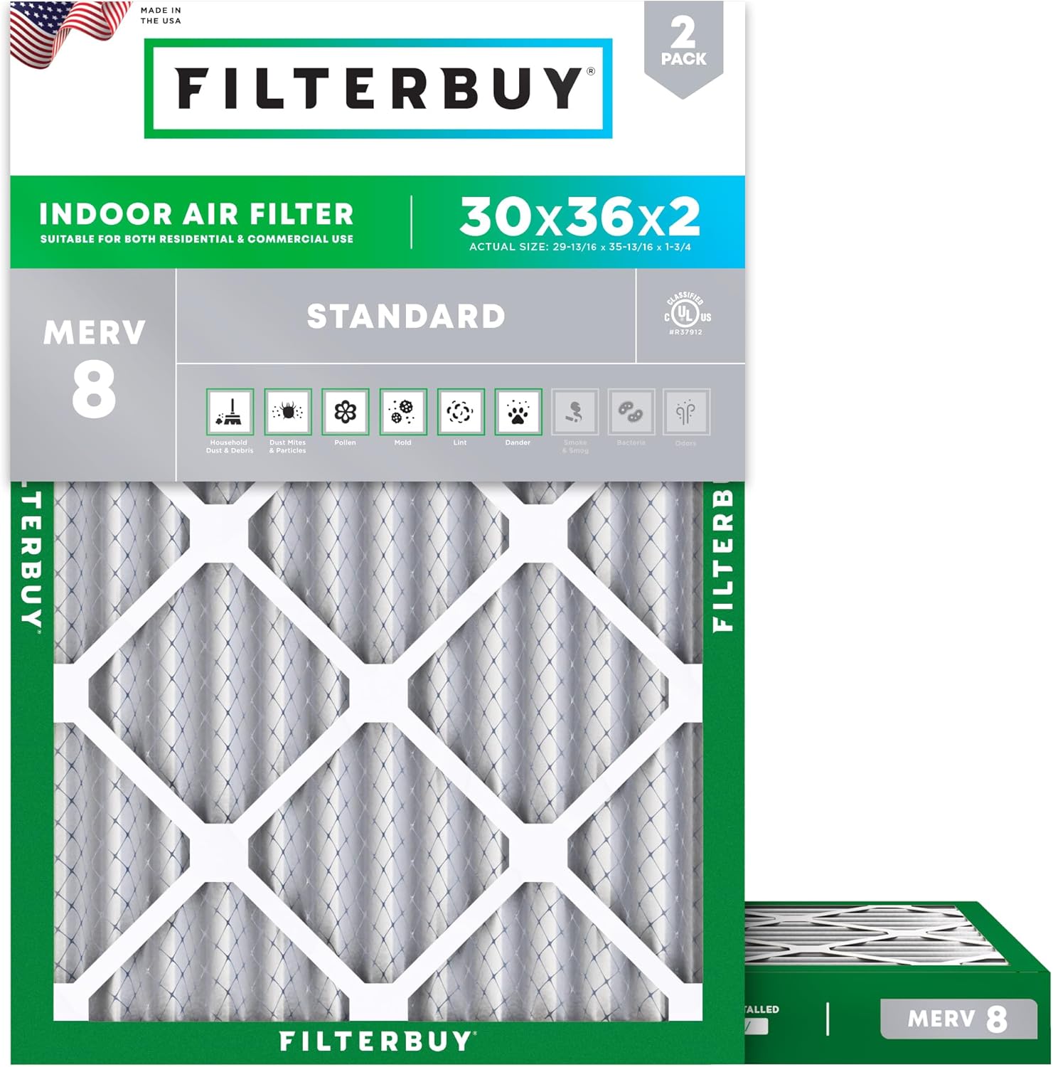 30x36x2 Air Filter MERV 8 for Dust & Allergy Defense - 2-Pack