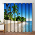 Ocean Beach Palm Tree Blackout Curtains - Tropical Seaside Scene 52x84