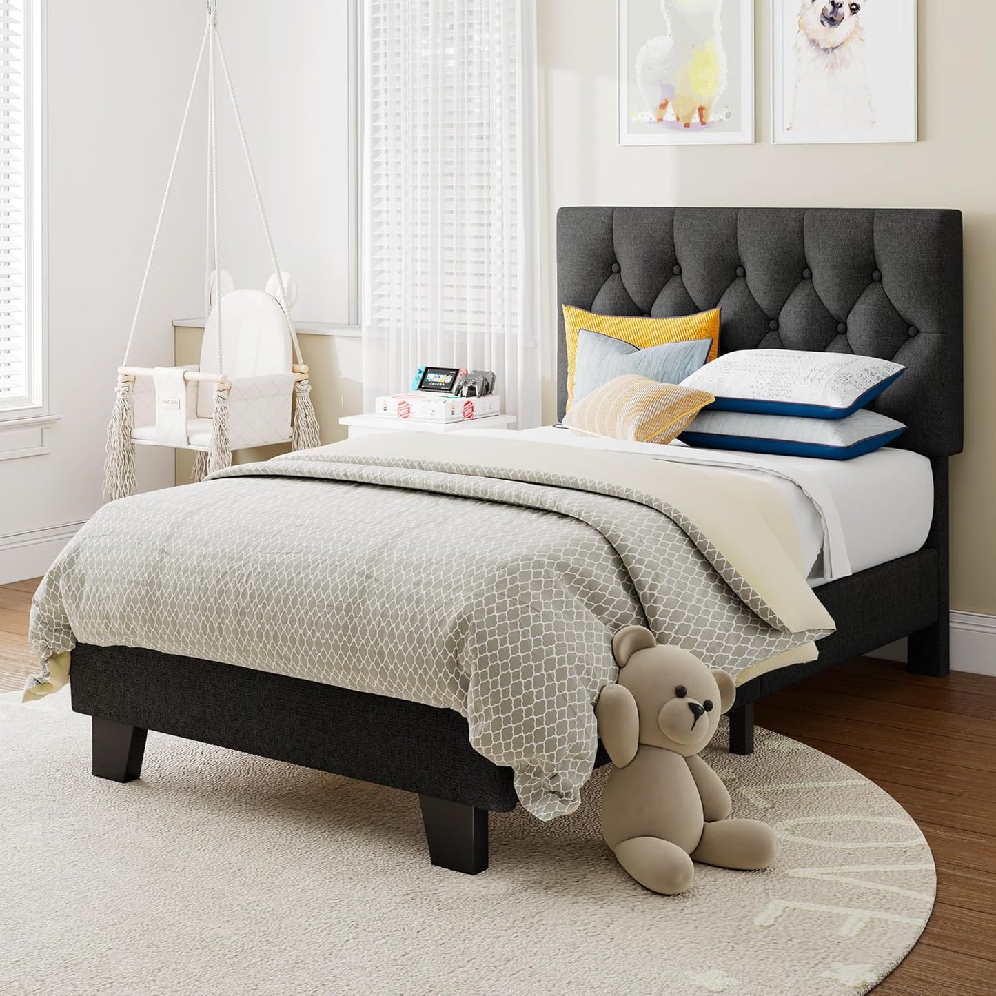 Twin Upholstered Bed Frame with Button Tufted Headboard Design