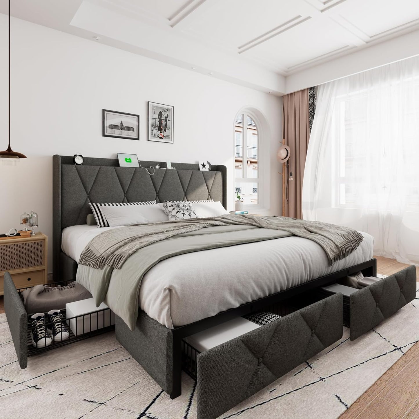 iPormis King Size Bed Frame with Storage Drawers and Charging