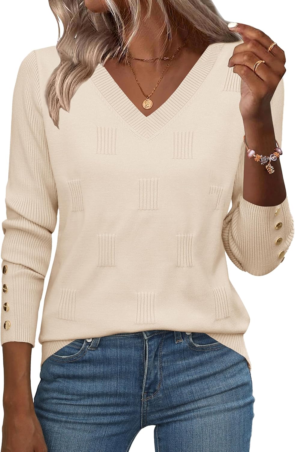 Stylish V Neck Lightweight Ribbed Knit Pullover Sweater for Women