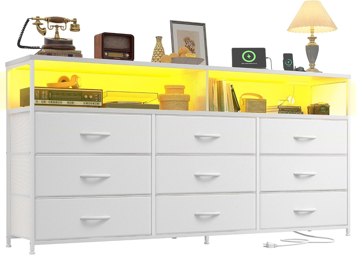 55in W White Dresser with 9 Drawers and LED TV Stand Features