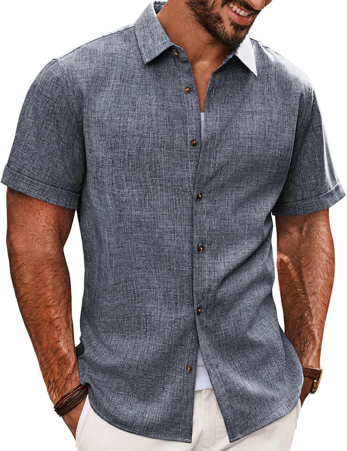 PJ PAUL JONES Mens Casual Short Sleeve Button Down Shirt