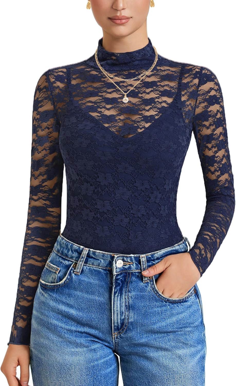 Avidlove Womens Long Sleeve Bodysuit Mock Neck Lace Tops