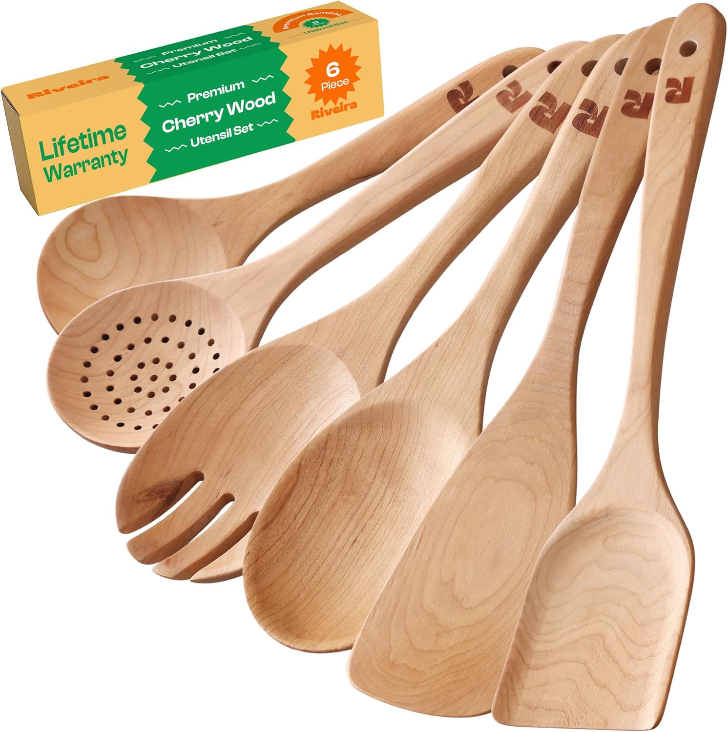 Cherry Wooden Cooking Utensils Set of 6 for Non-Toxic Cooking