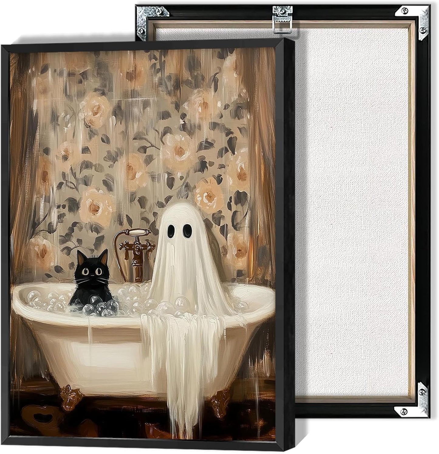 Halloween Bathroom Ghost Wall Art Cute Cat in Bathtub Prints