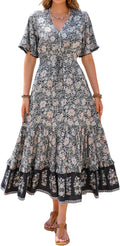 Womens Summer Cotton Rayon V Neck Floral Midi Dress - Boho Comfort