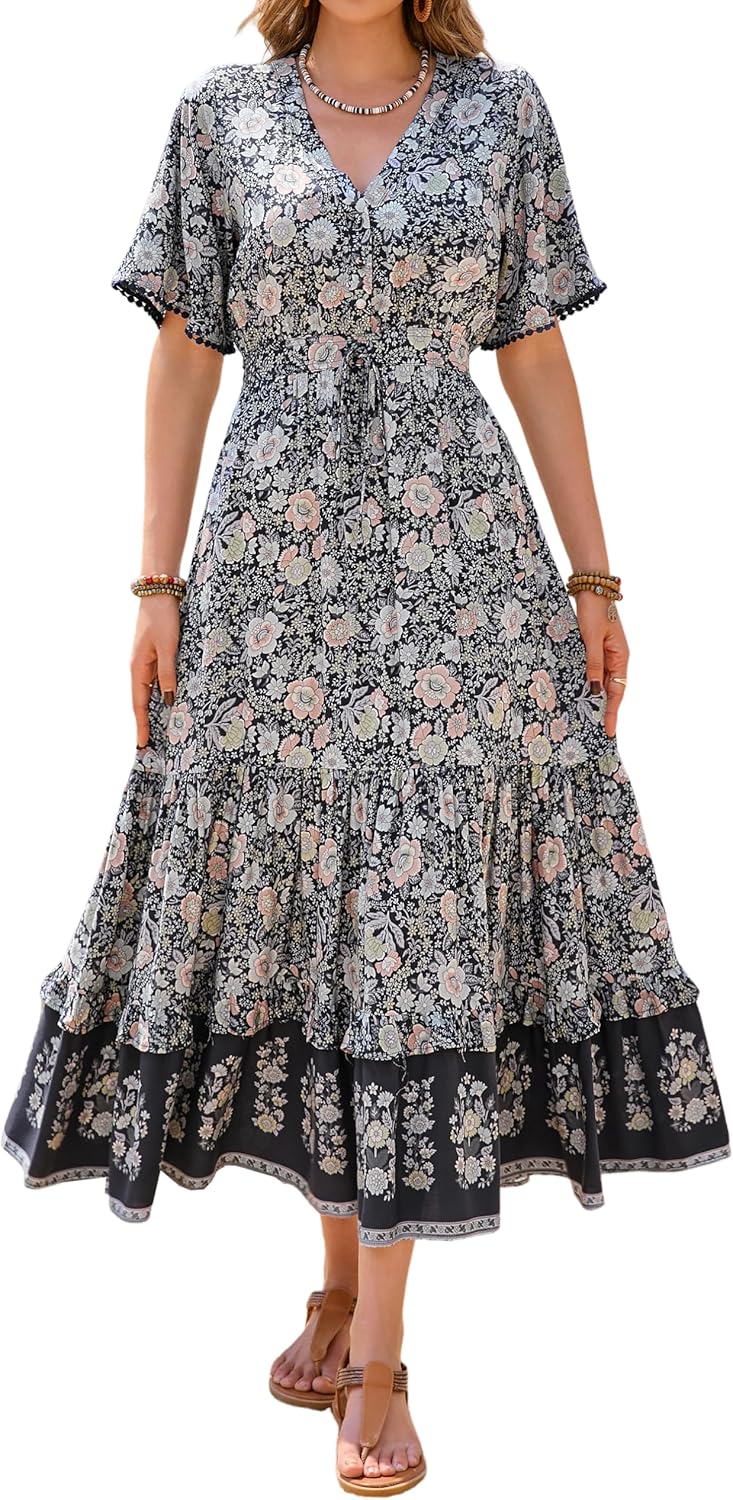 Stylish Summer Cotton V Neck Floral Midi Dress for Women