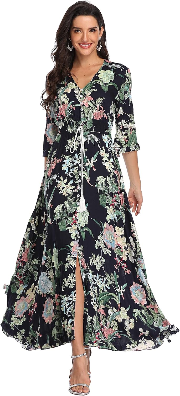 Summer Floral Print Maxi Dress for Women - Bohemian Style