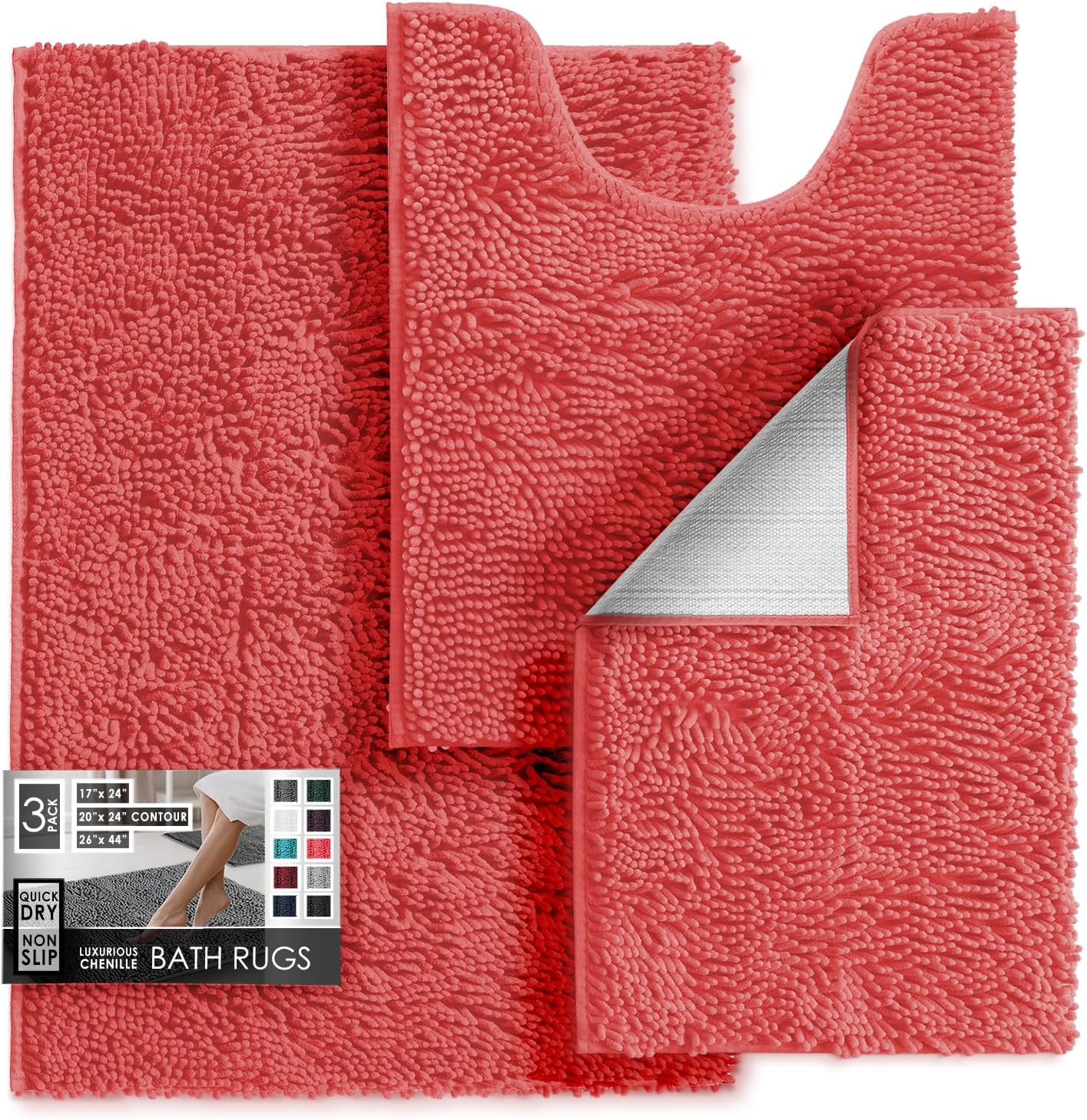Chenille Bath Mats Set - Soft, Non-Slip, Machine Washable Rugs