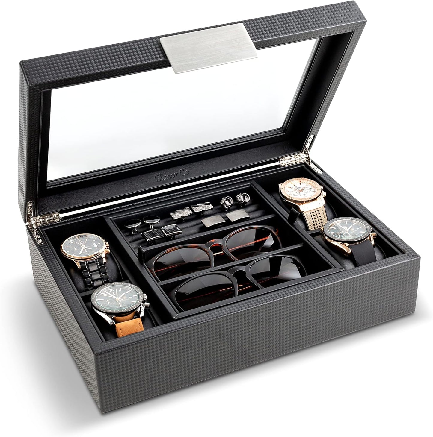 Premium Valet Jewelry Box - Organize Watches, Cufflinks & More - Carbon Fiber Design