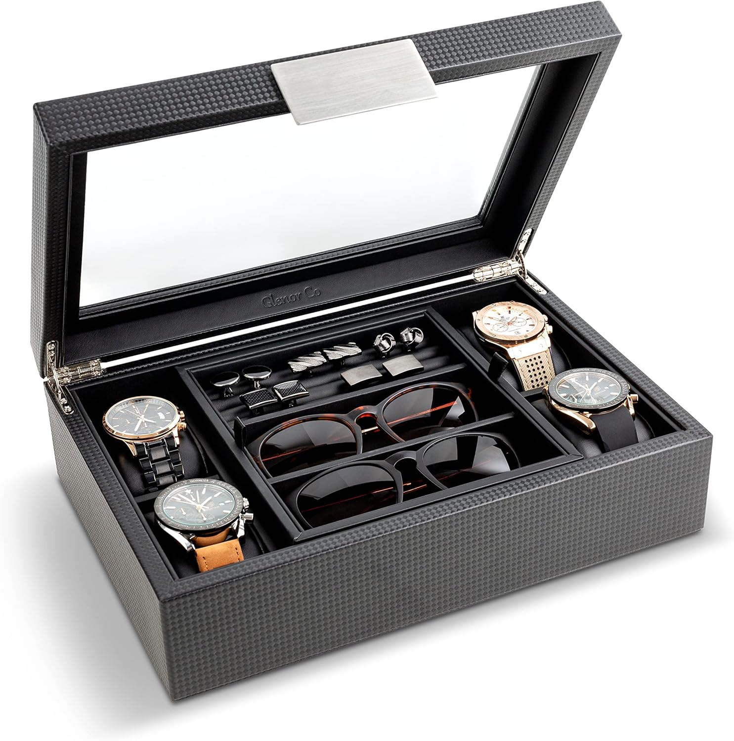 Premium Valet Jewelry Box - Organize Watches, Cufflinks & More - Carbon Fiber Design