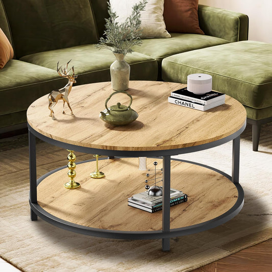 NSdirect Round Coffee Table with Rustic Wooden Top & Metal Legs