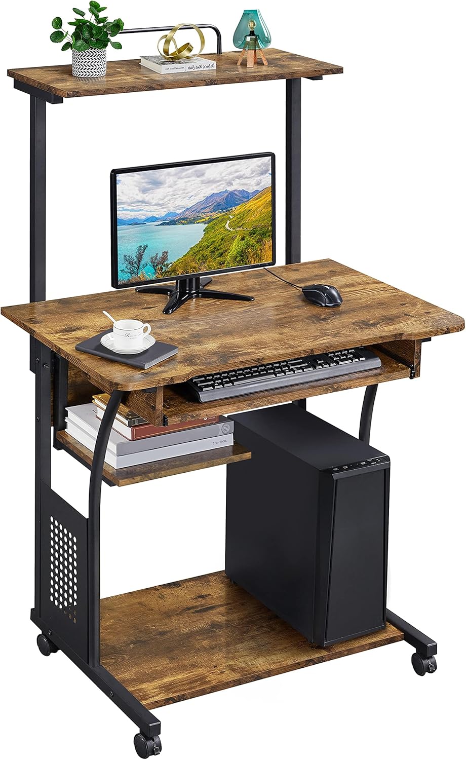 Compact 3-Tier Rolling Computer Desk - Retro Rustic Brown