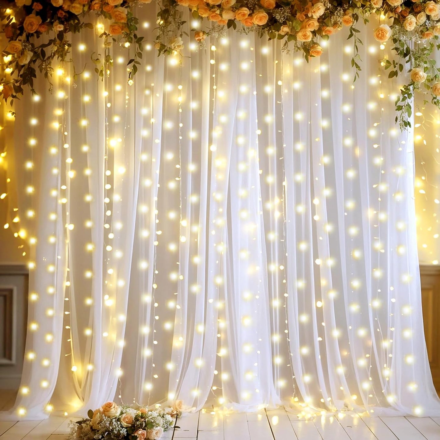 White Sheer Tulle Backdrop Curtains with Lights - Perfect for Party Wedding Decor!