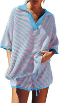 Tankaneo Womens Sweater Set 2 Piece Outfits Oversized 3/4 Sleeve V