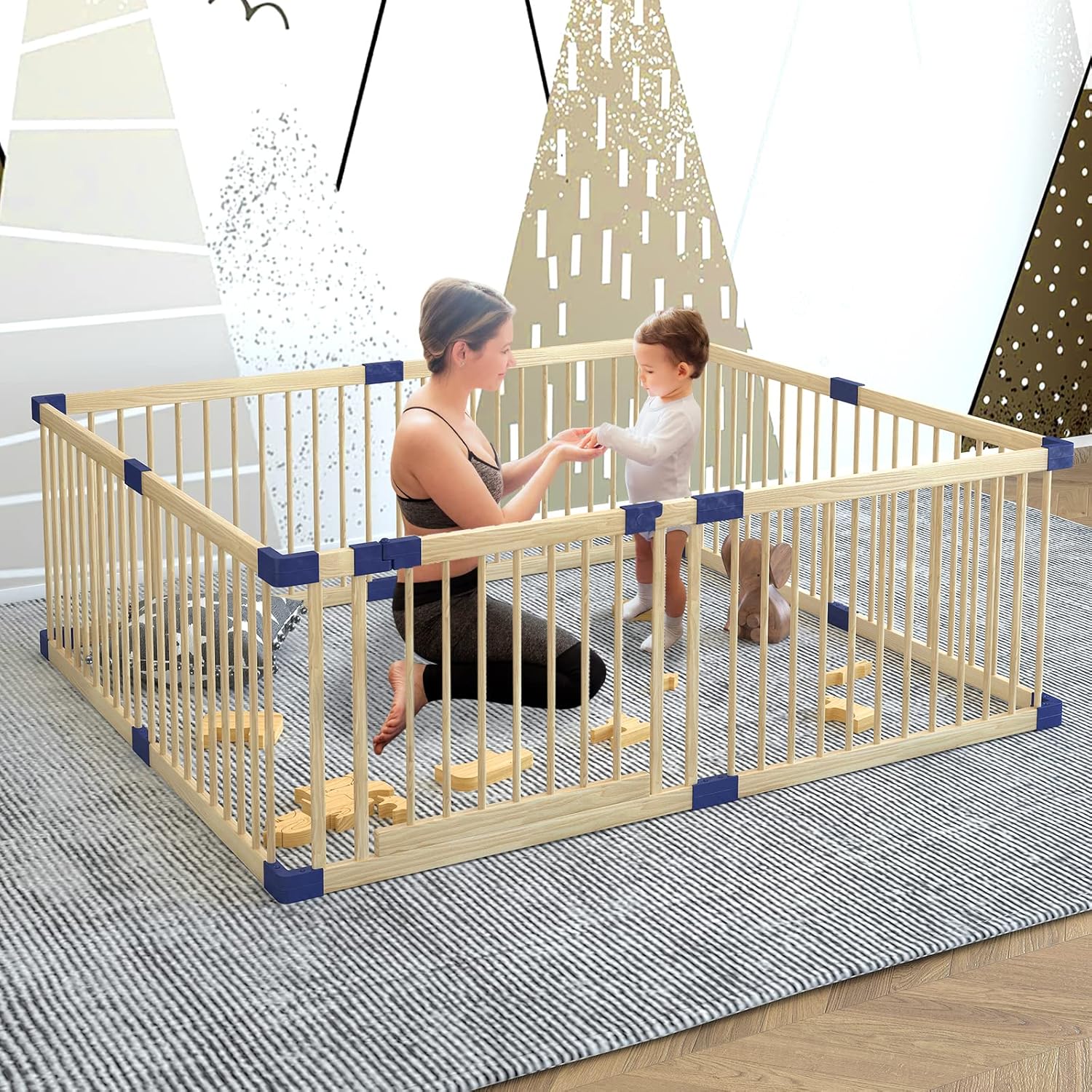 Extra Large Wooden Baby Playpen for Twins, 100% Natural Wood