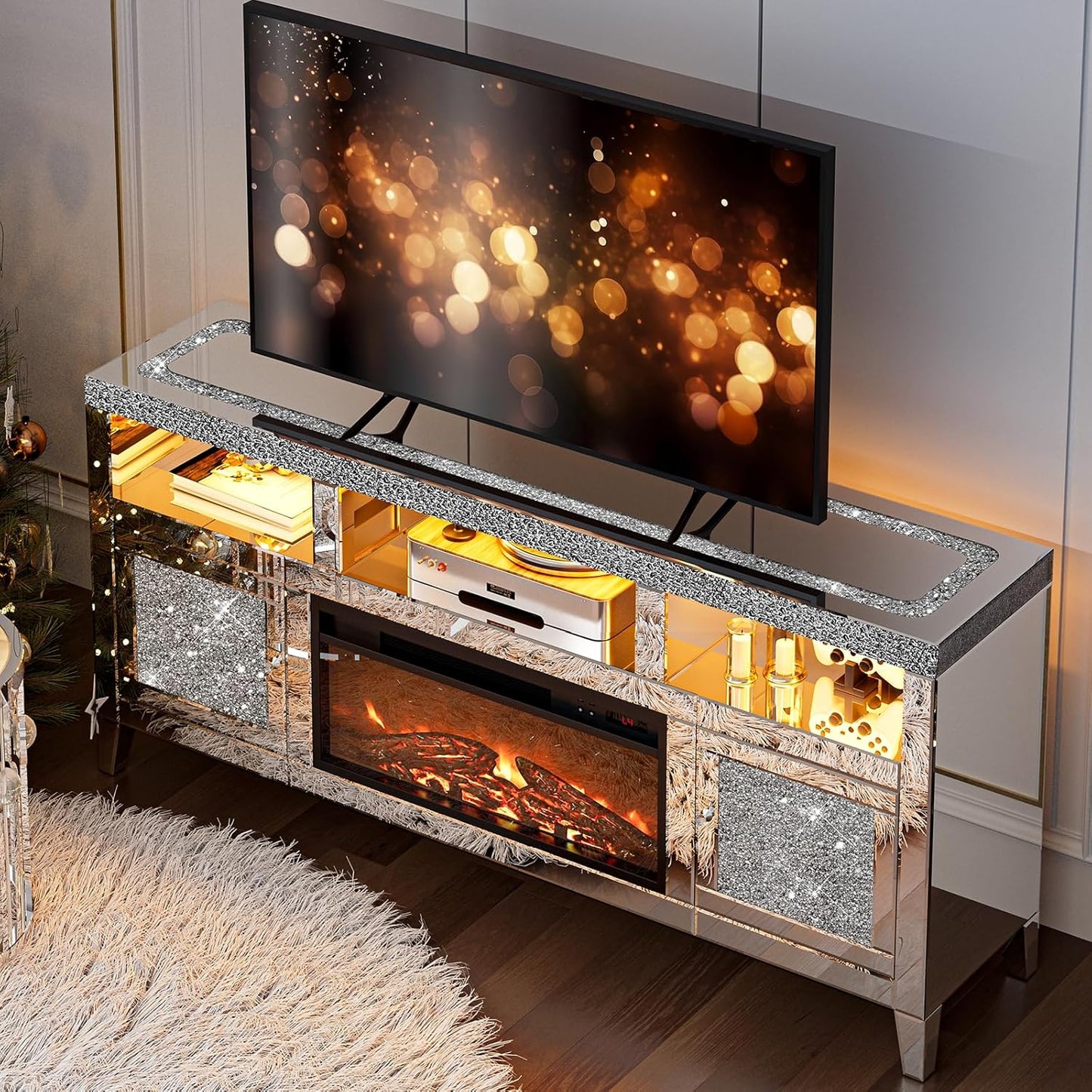 Mirrored Fireplace TV Stand with LED - Modern Elegance