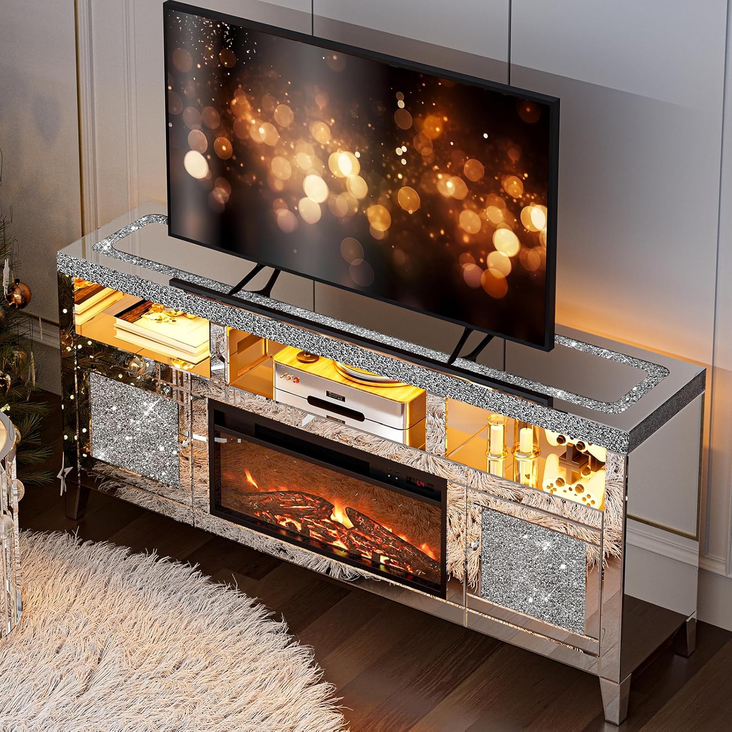 Mirrored Fireplace TV Stand with LED - Modern Elegance