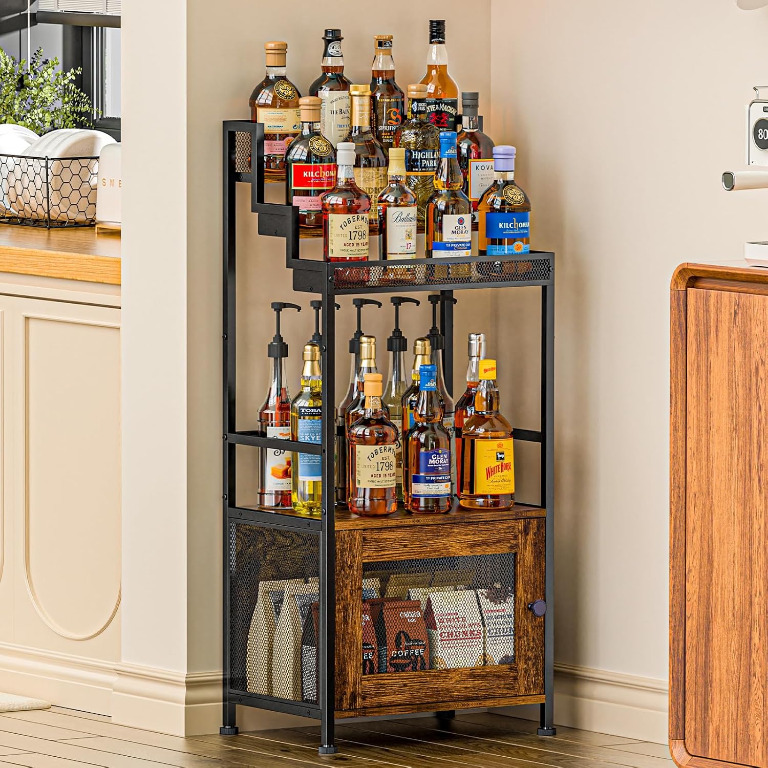 Tiered Liquor Stand with Bar Cabinet for Home and Storage