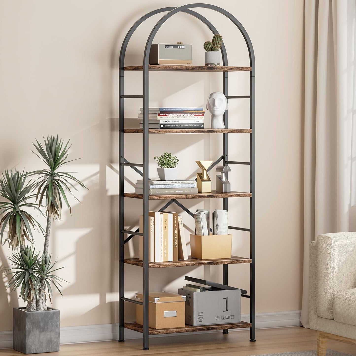 Shintenchi Arched Bookshelf 5 Tier Bookcase for Home Office