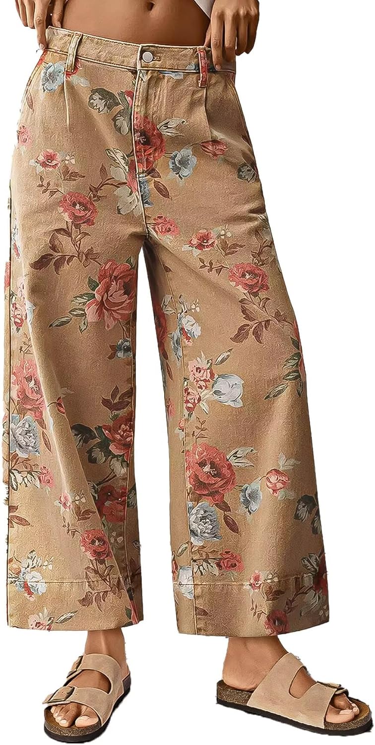 Flamingals Floral Print Wide Leg Cropped Pants for Women