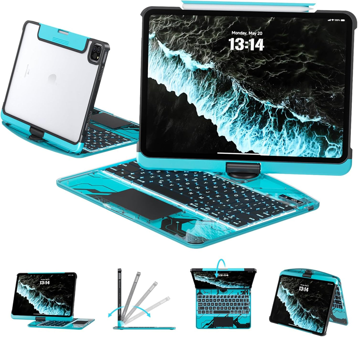 Transparent Case with Keyboard for iPad Air 11 Inch - 360 Rotate