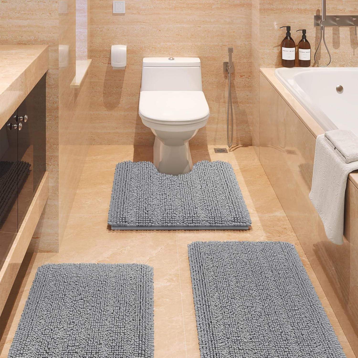 Luxurious 3 Piece Striped Light Grey Bathroom Rug Set for Comfort