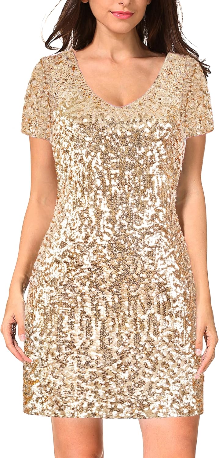 MANER Women's Sequin Glitter Short Sleeve Dress for Parties