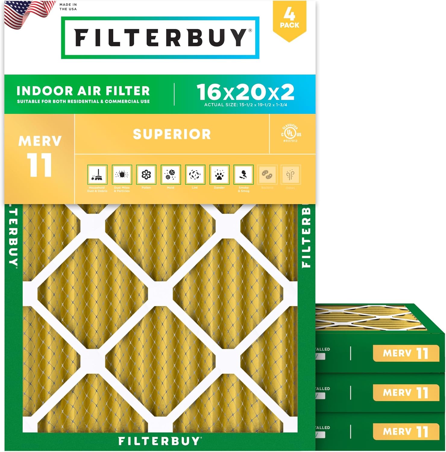 Filterbuy 16x20x2 Air Filter MERV 11 for Pet & Allergy Defense