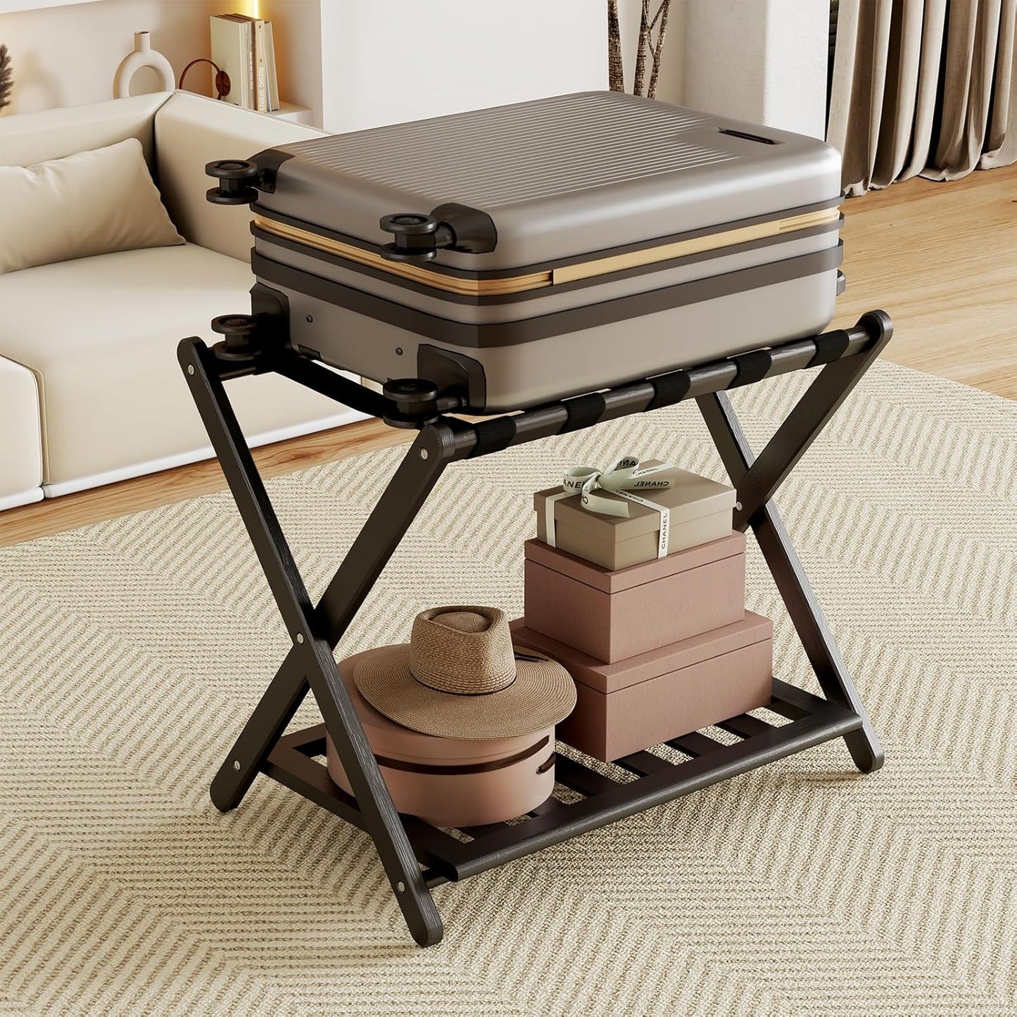 Fully Assembled Black Luggage Rack for Guest Room Storage